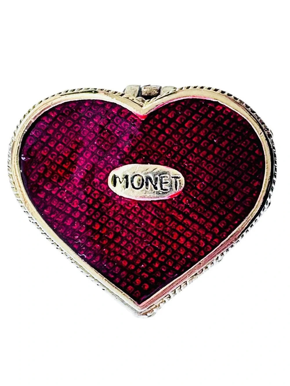 Monet Enamel Heart Shaped Trinket Box Featuring a Gold Tone Angel Motif